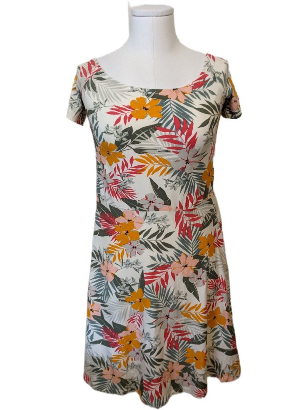 Tropical Palm Hawaiian Floral Short Sleeve A-Line Mini Sundress Summer Dress L